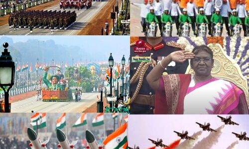 गणतंत्र दिवस परेड का भव्य आगाज राष्ट्रपति द्रोपदी मुर्मू के तिरंगा फहराने के बाद दी गई 21 तोपों की सलामी
