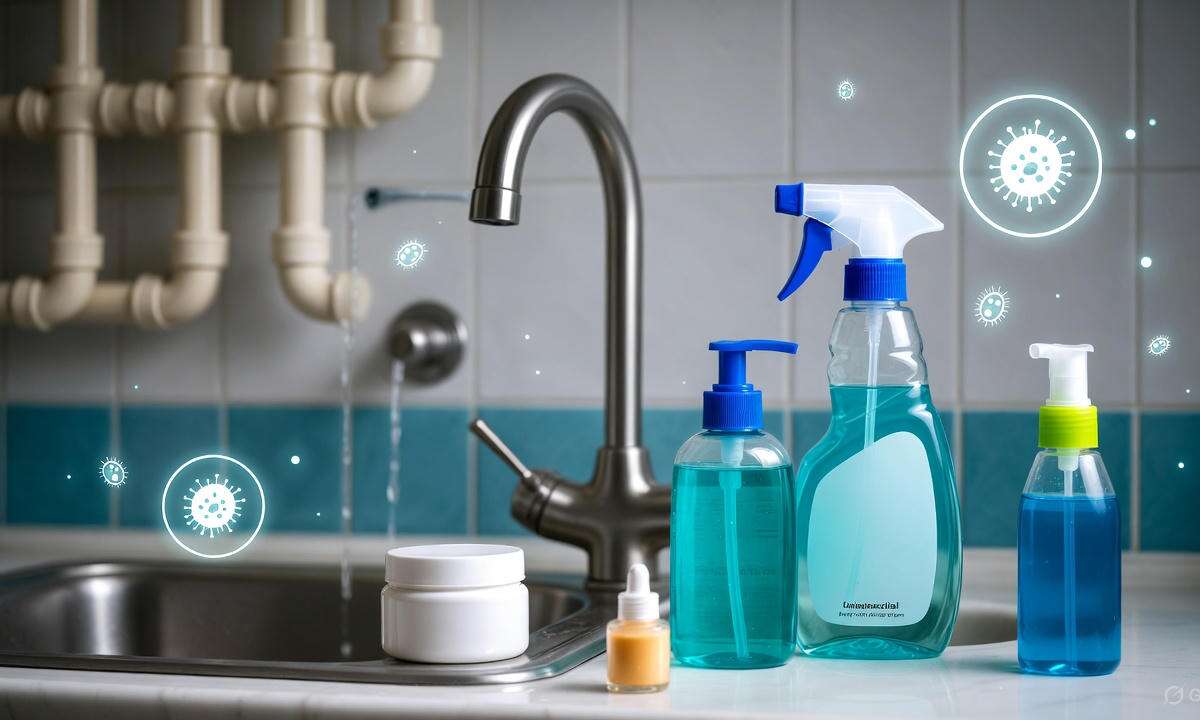 घरेलू साबुन और एंटीबैक्टीरियल क्लीनर के अत्यधिक इस्तेमाल से फैलते दवा प्रतिरोधी कीटाणुओं का दृश्य जिसमें सिंक के पास रखे सफाई उत्पाद और बैक्टीरिया के संकेत दिखते हैं