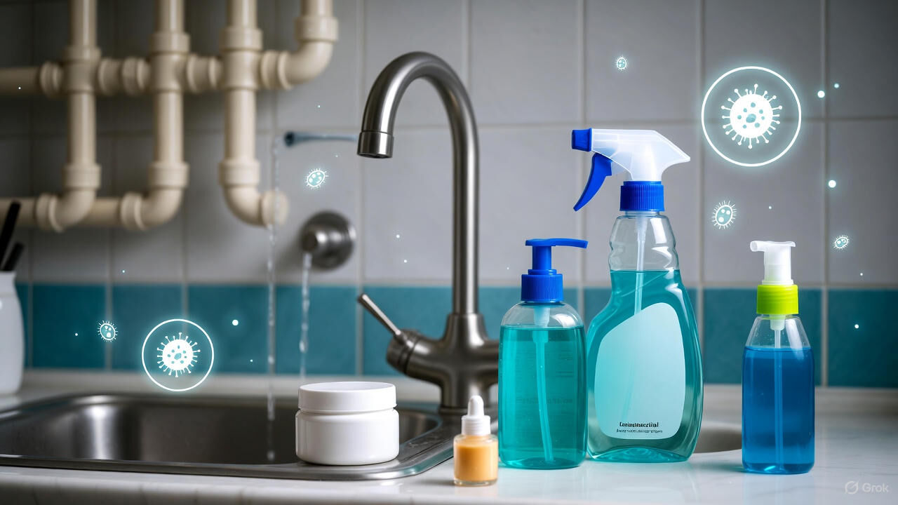 घरेलू साबुन और एंटीबैक्टीरियल क्लीनर के अत्यधिक इस्तेमाल से फैलते दवा प्रतिरोधी कीटाणुओं का दृश्य जिसमें सिंक के पास रखे सफाई उत्पाद और बैक्टीरिया के संकेत दिखते हैं