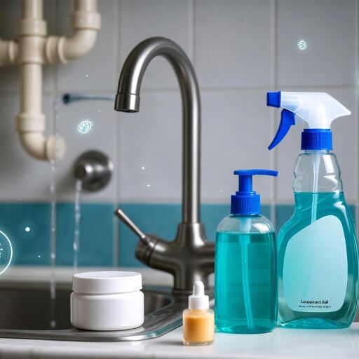 घरेलू साबुन और एंटीबैक्टीरियल क्लीनर के अत्यधिक इस्तेमाल से फैलते दवा प्रतिरोधी कीटाणुओं का दृश्य जिसमें सिंक के पास रखे सफाई उत्पाद और बैक्टीरिया के संकेत दिखते हैं