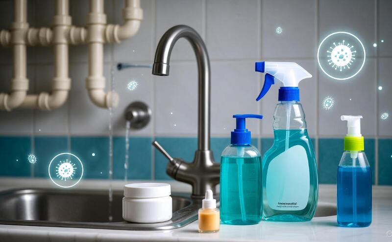 घरेलू साबुन और एंटीबैक्टीरियल क्लीनर के अत्यधिक इस्तेमाल से फैलते दवा प्रतिरोधी कीटाणुओं का दृश्य जिसमें सिंक के पास रखे सफाई उत्पाद और बैक्टीरिया के संकेत दिखते हैं
