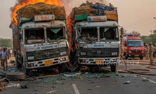 इटावा में कोहरे का कहर: हाईवे पर दो ट्रकों की भीषण टक्कर, आग लगने से चालक की जिंदा जलकर मौत इटावा में कोहरे का कहर: हाईवे पर दो ट्रकों की भीषण टक्कर, आग लगने से चालक की जिंदा जलकर मौत