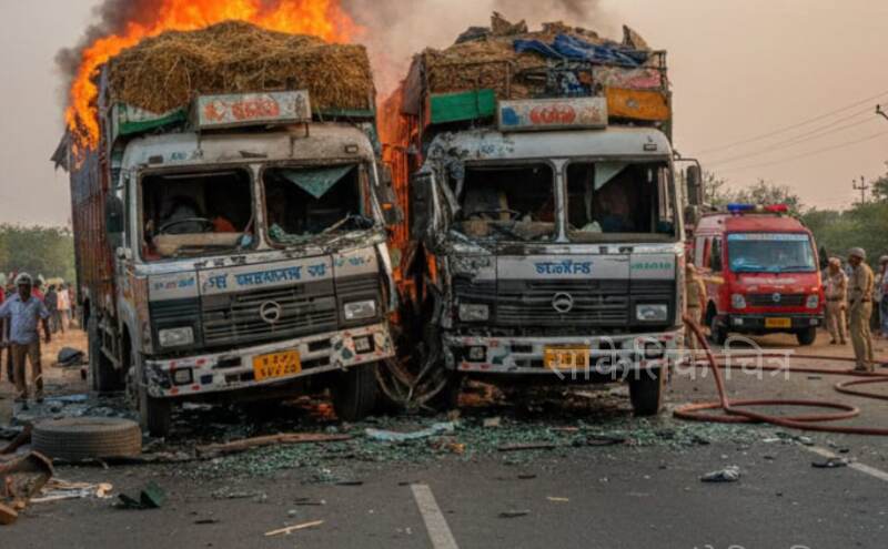 इटावा में कोहरे का कहर: हाईवे पर दो ट्रकों की भीषण टक्कर, आग लगने से चालक की जिंदा जलकर मौत